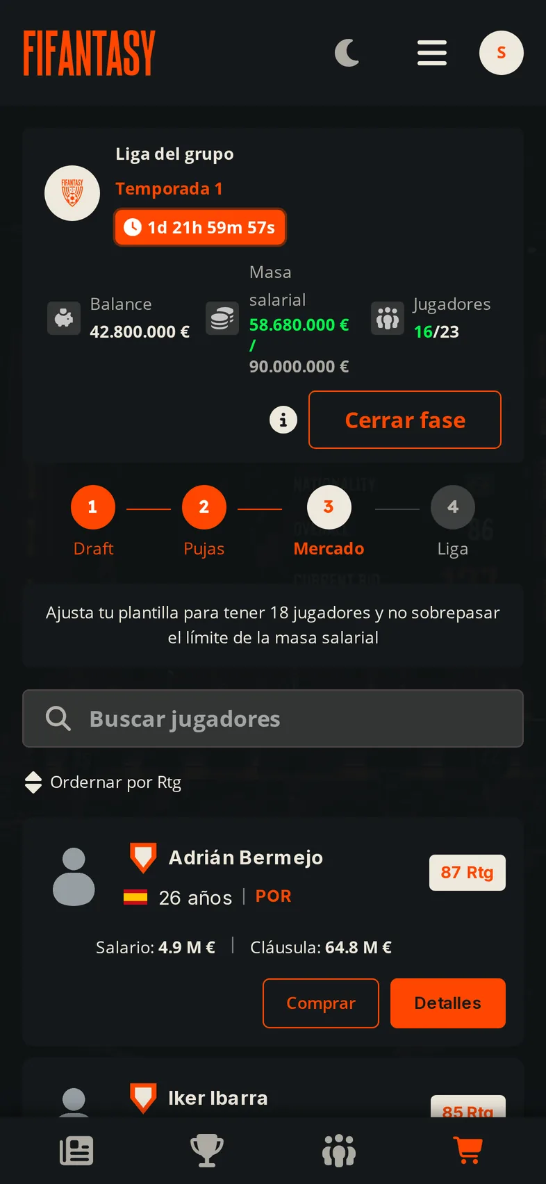 Pantalla de mercado de FIFANTASY